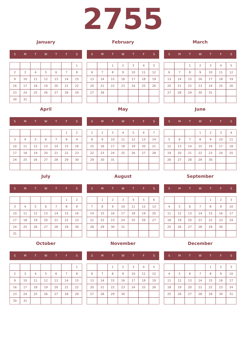 Printable 2755 Year Calendars cordovan