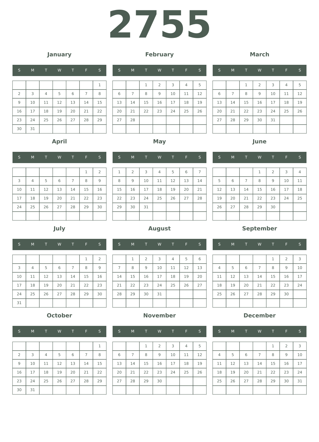 Printable 2755 Year Calendars feldgrau