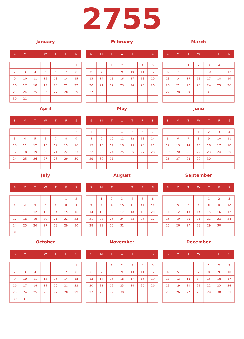 Printable 2755 Year Calendars red