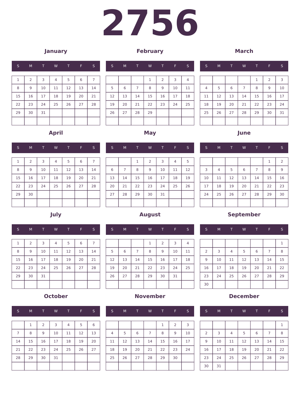 Printable 2756 Year Calendars aubergine