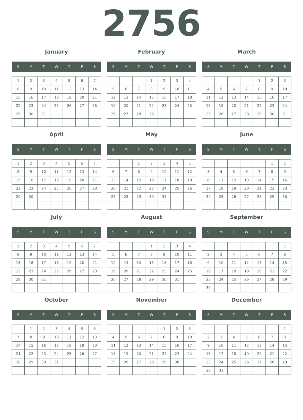 Printable 2756 Year Calendars feldgrau