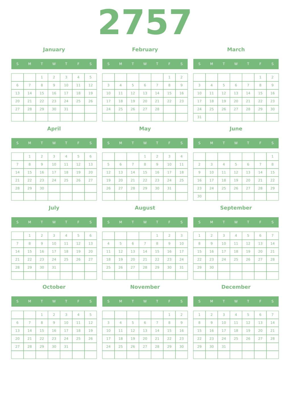 Printable 2757 Year Calendars celadon