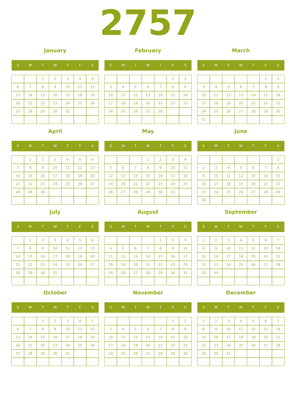 Printable 2757 Year Calendars chartreuse