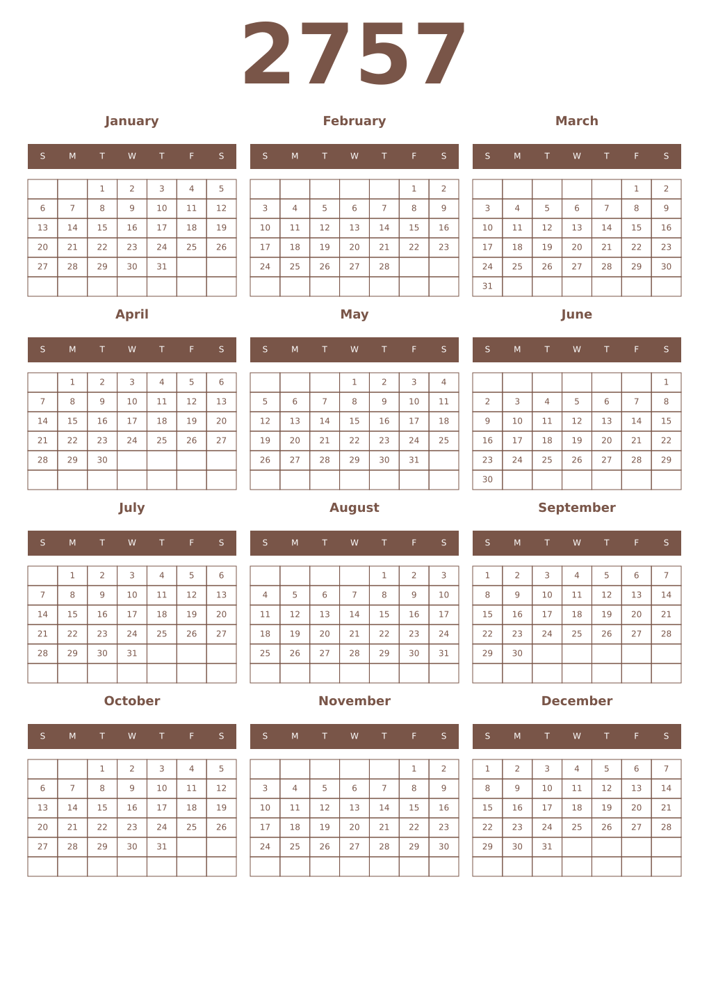 Printable 2757 Year Calendars coffe