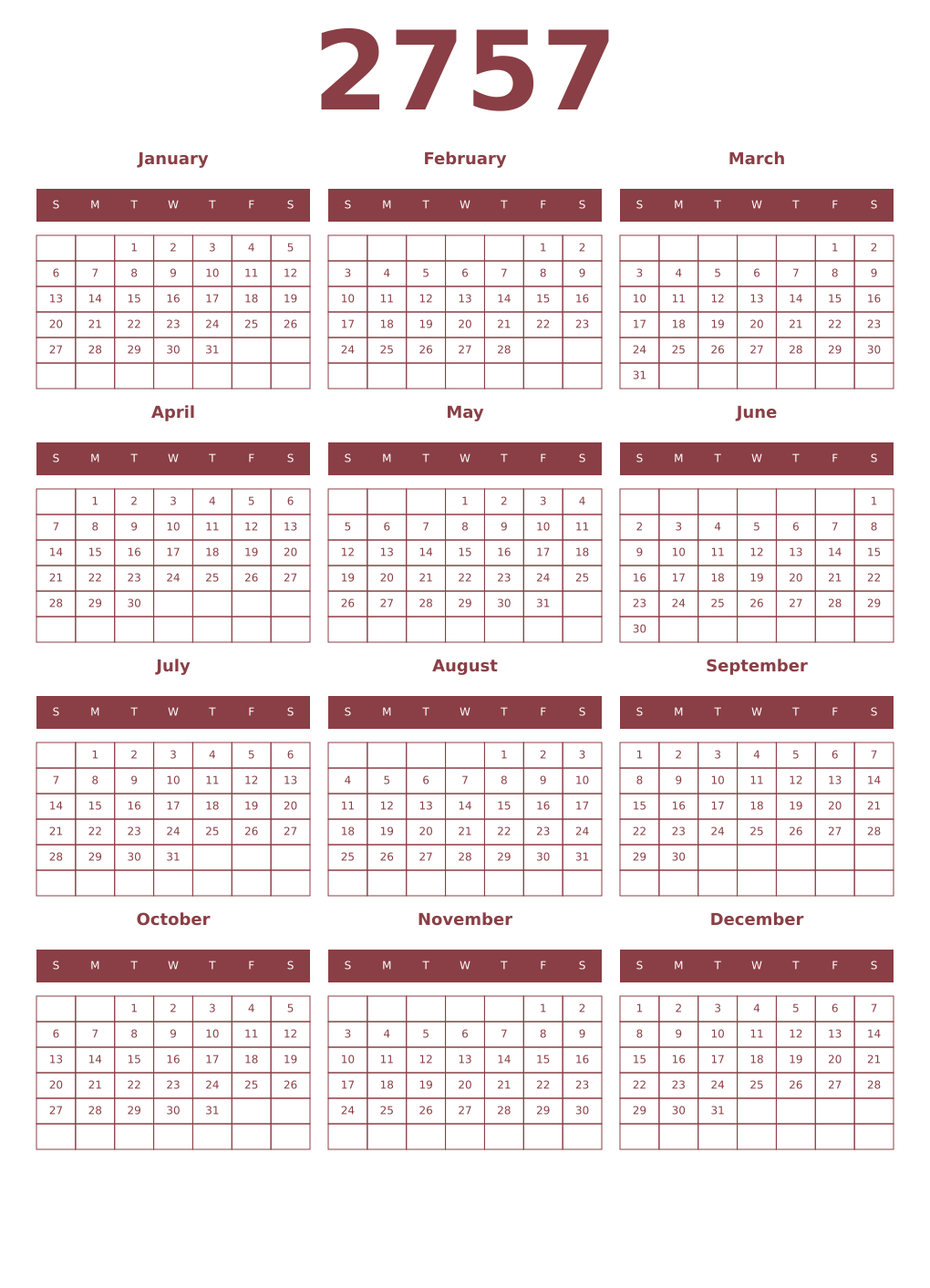 Printable 2757 Year Calendars cordovan