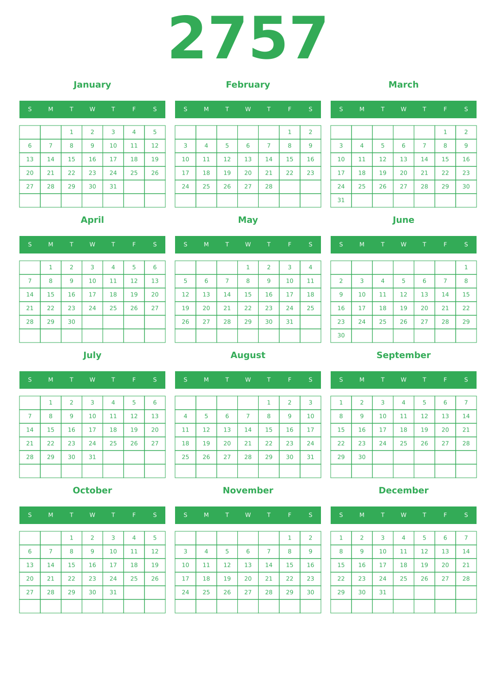 Printable 2757 Year Calendars green