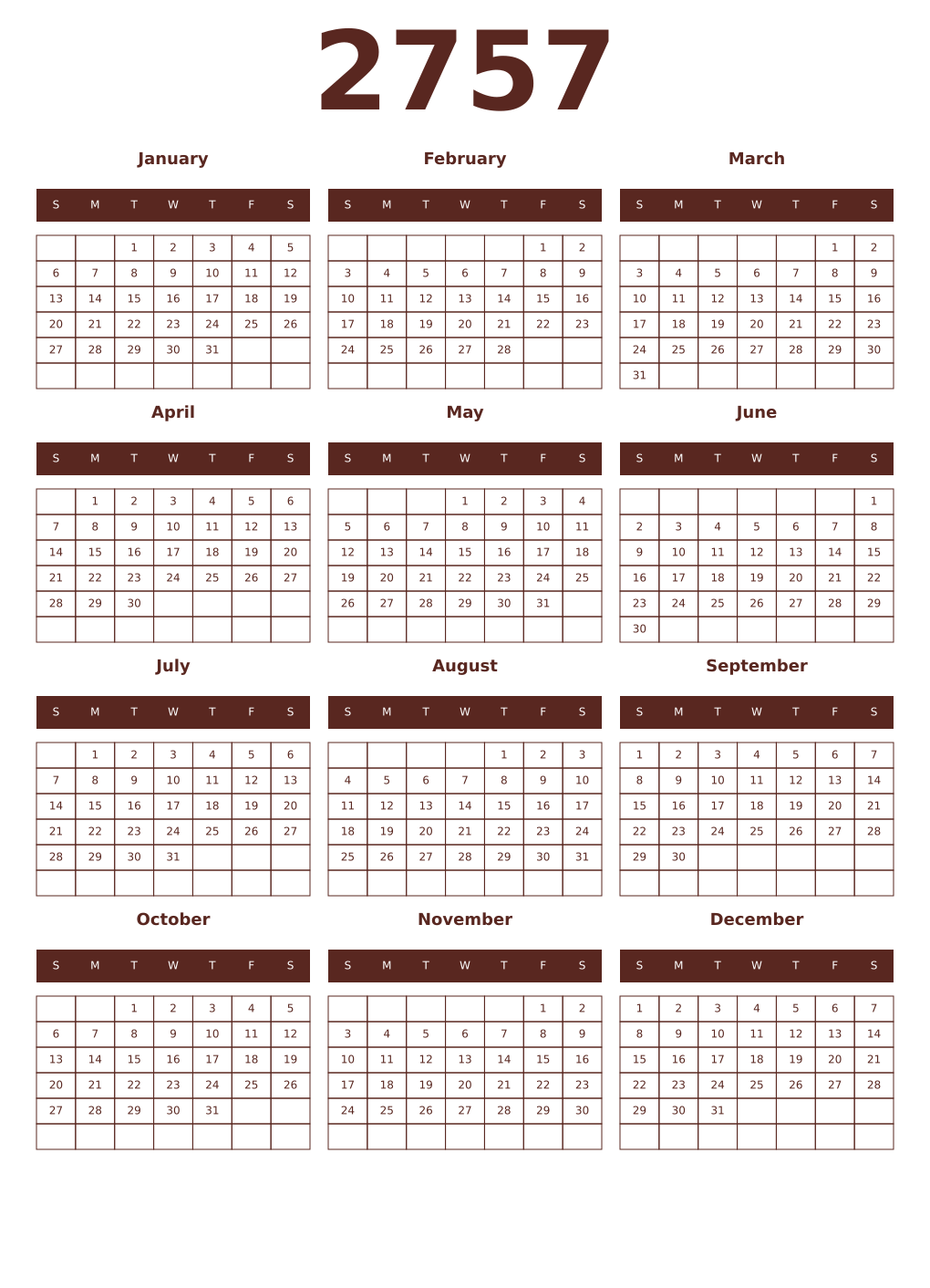 Printable 2757 Year Calendars mortuum