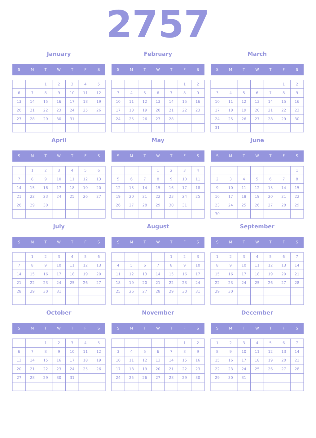 Printable 2757 Year Calendars periwinkle