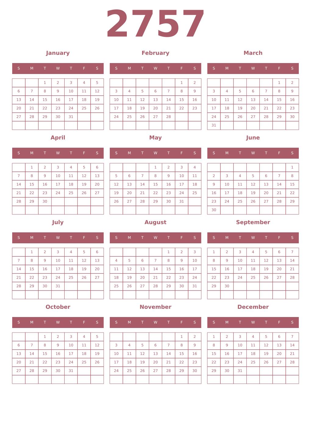Printable 2757 Year Calendars puce