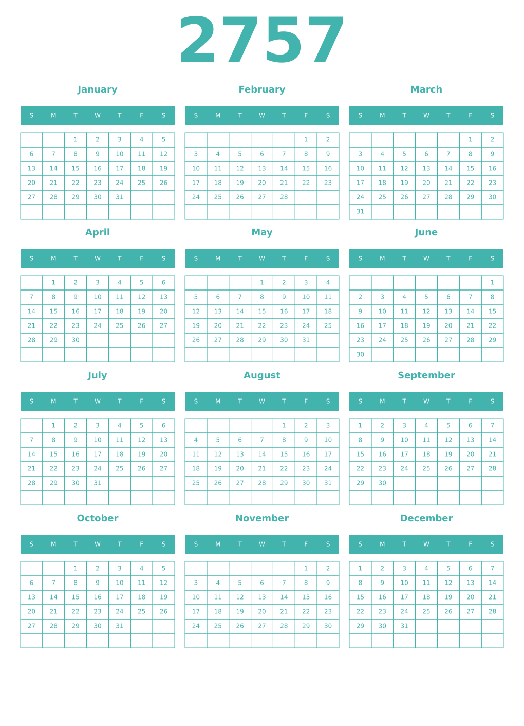 Printable 2757 Year Calendars verdigris