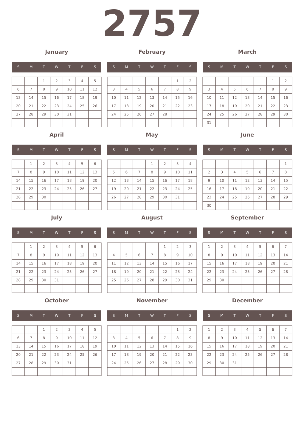 Printable 2757 Year Calendars wenge