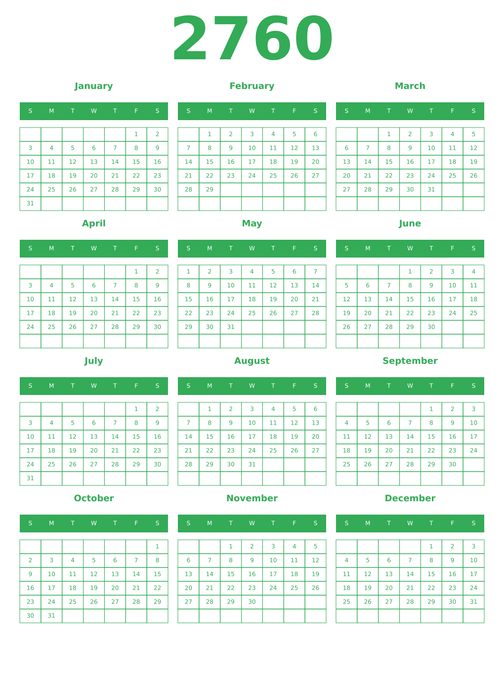 Printable 2760 Year Calendars green