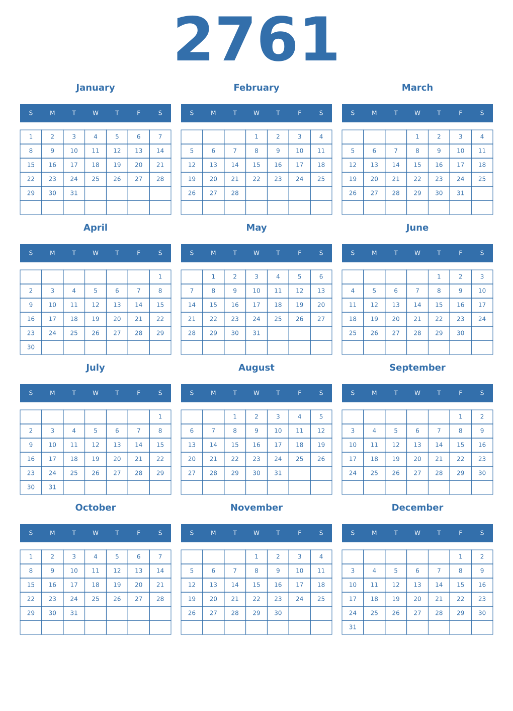Printable 2761 Year Calendars blue