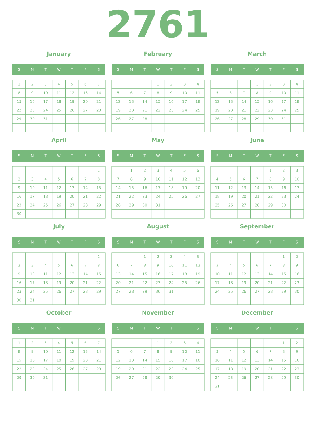 Printable 2761 Year Calendars celadon