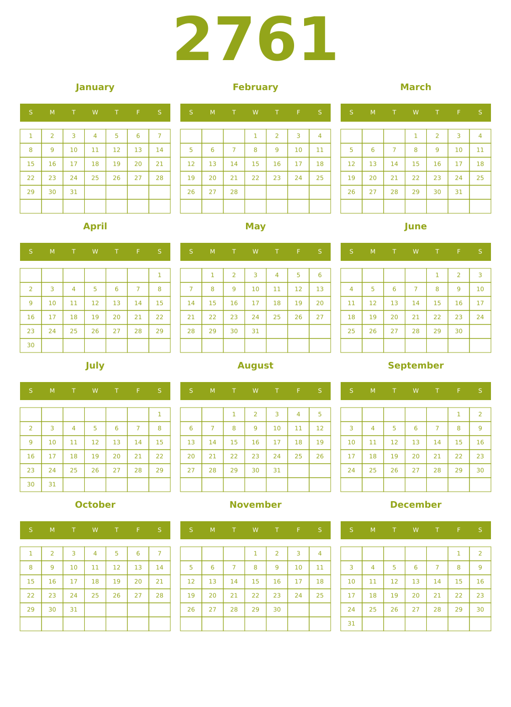 Printable 2761 Year Calendars chartreuse