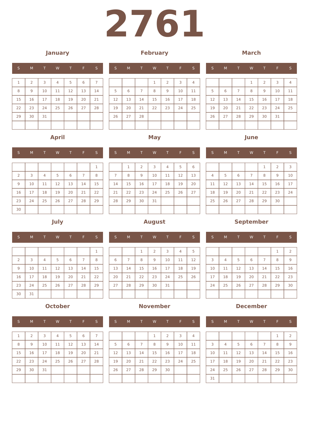 Printable 2761 Year Calendars coffe