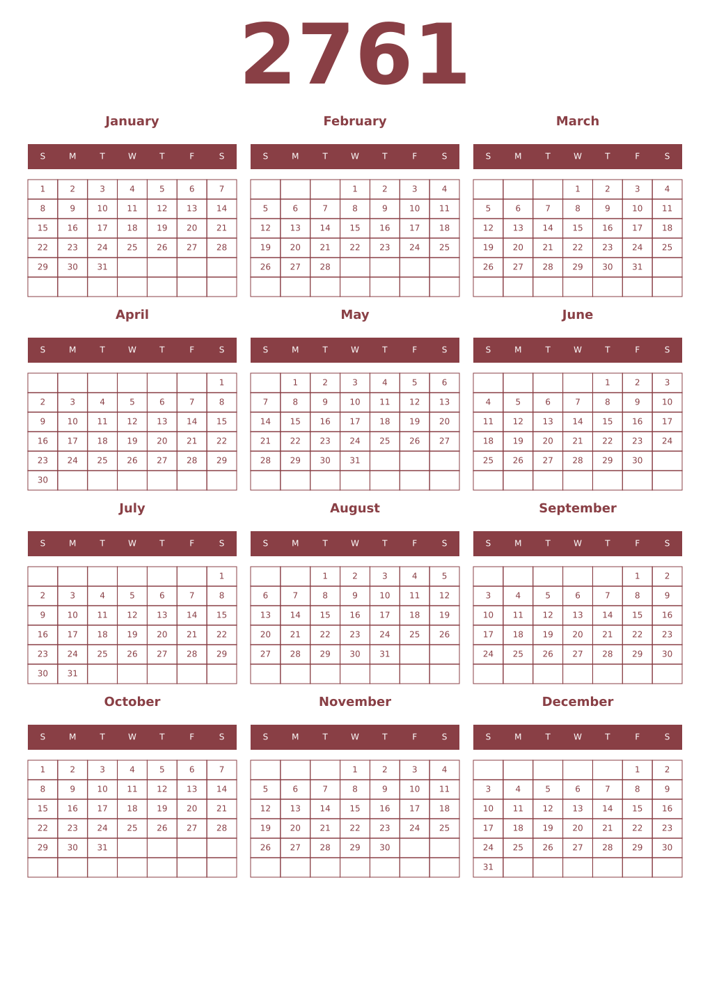 Printable 2761 Year Calendars cordovan