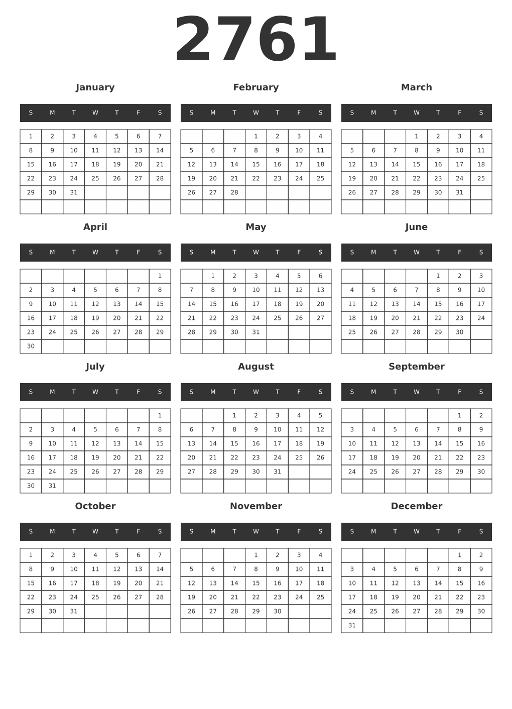 Printable 2761 Year Calendars dark