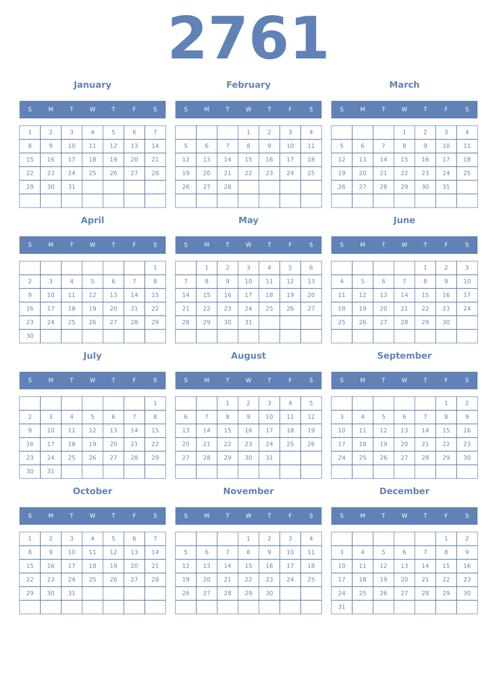 Printable 2761 Year Calendars glaucous