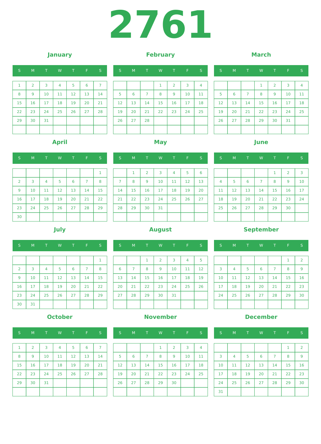 Printable 2761 Year Calendars green