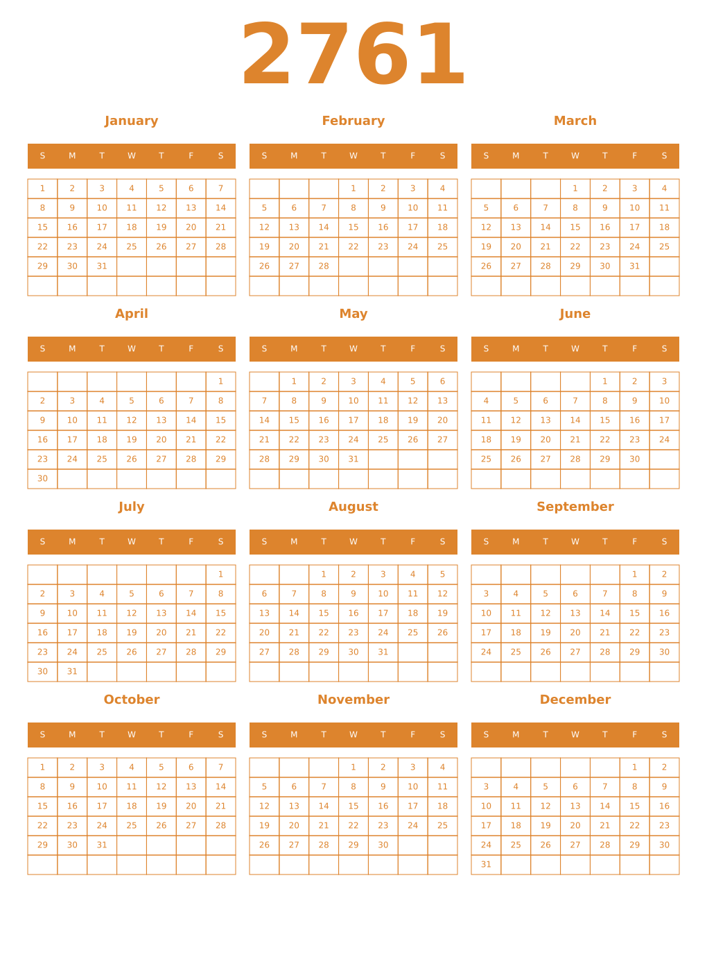 Printable 2761 Year Calendars orange