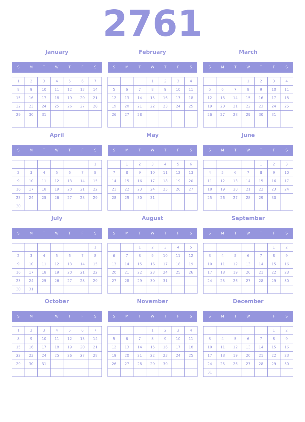 Printable 2761 Year Calendars periwinkle