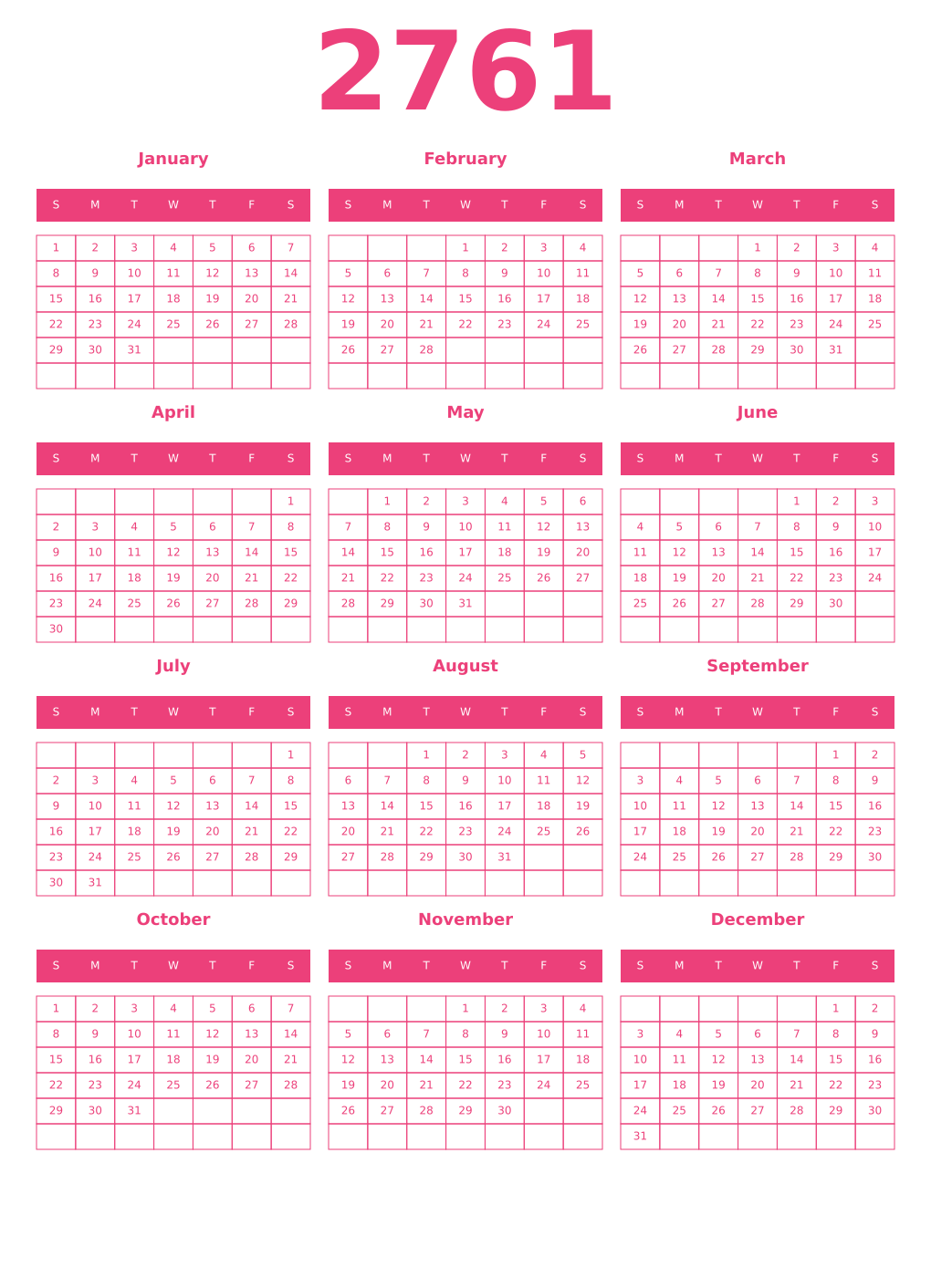 Printable 2761 Year Calendars pink