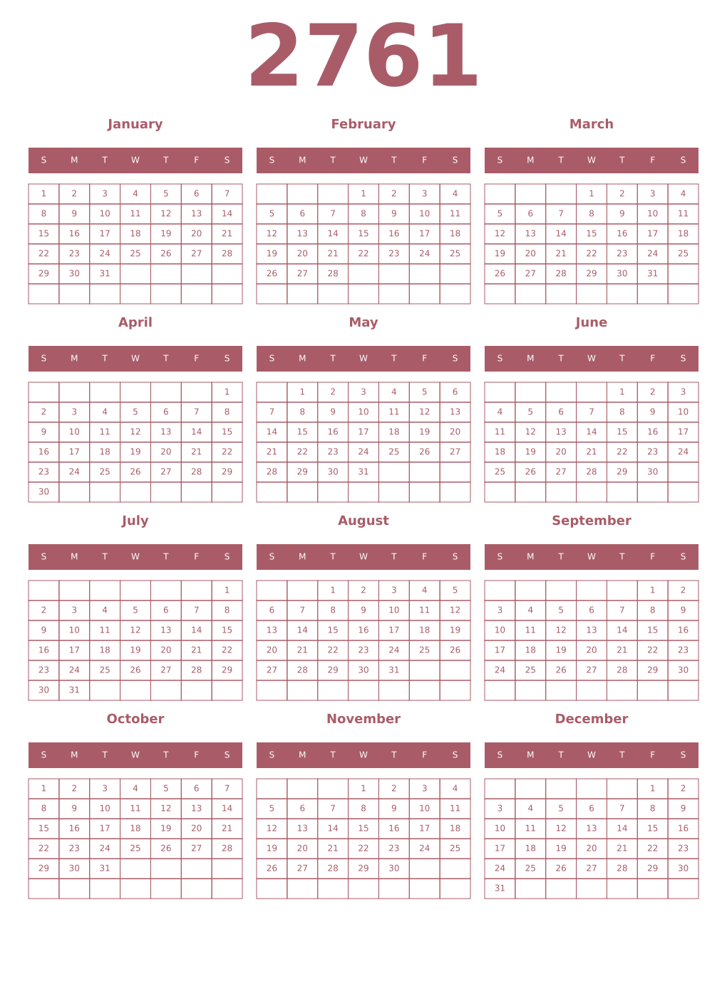 Printable 2761 Year Calendars puce