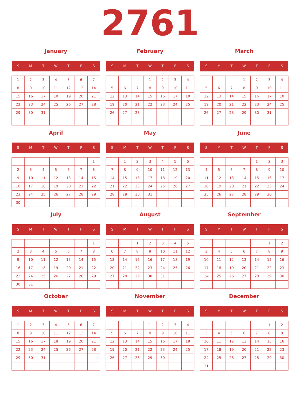 Printable 2761 Year Calendars red