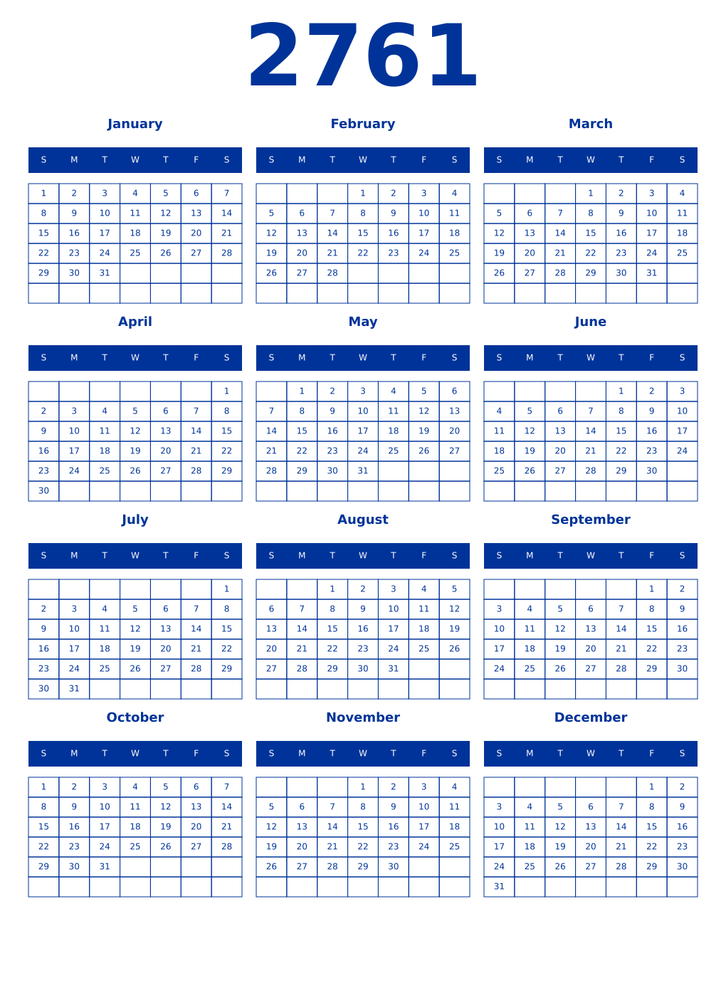 Printable 2761 Year Calendars smalt