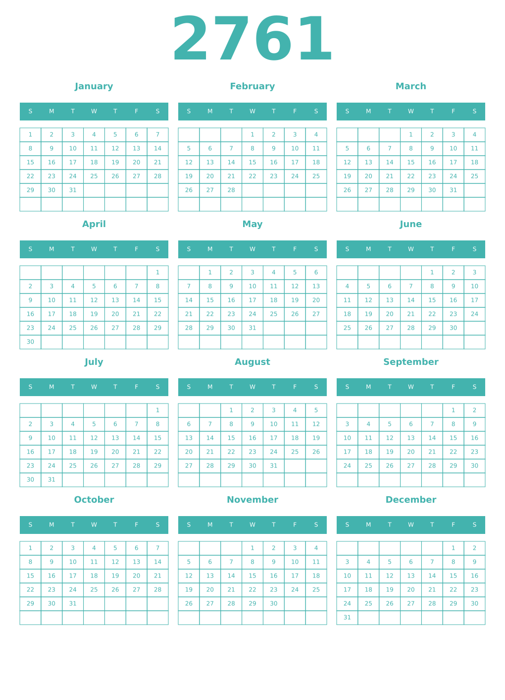 Printable 2761 Year Calendars verdigris
