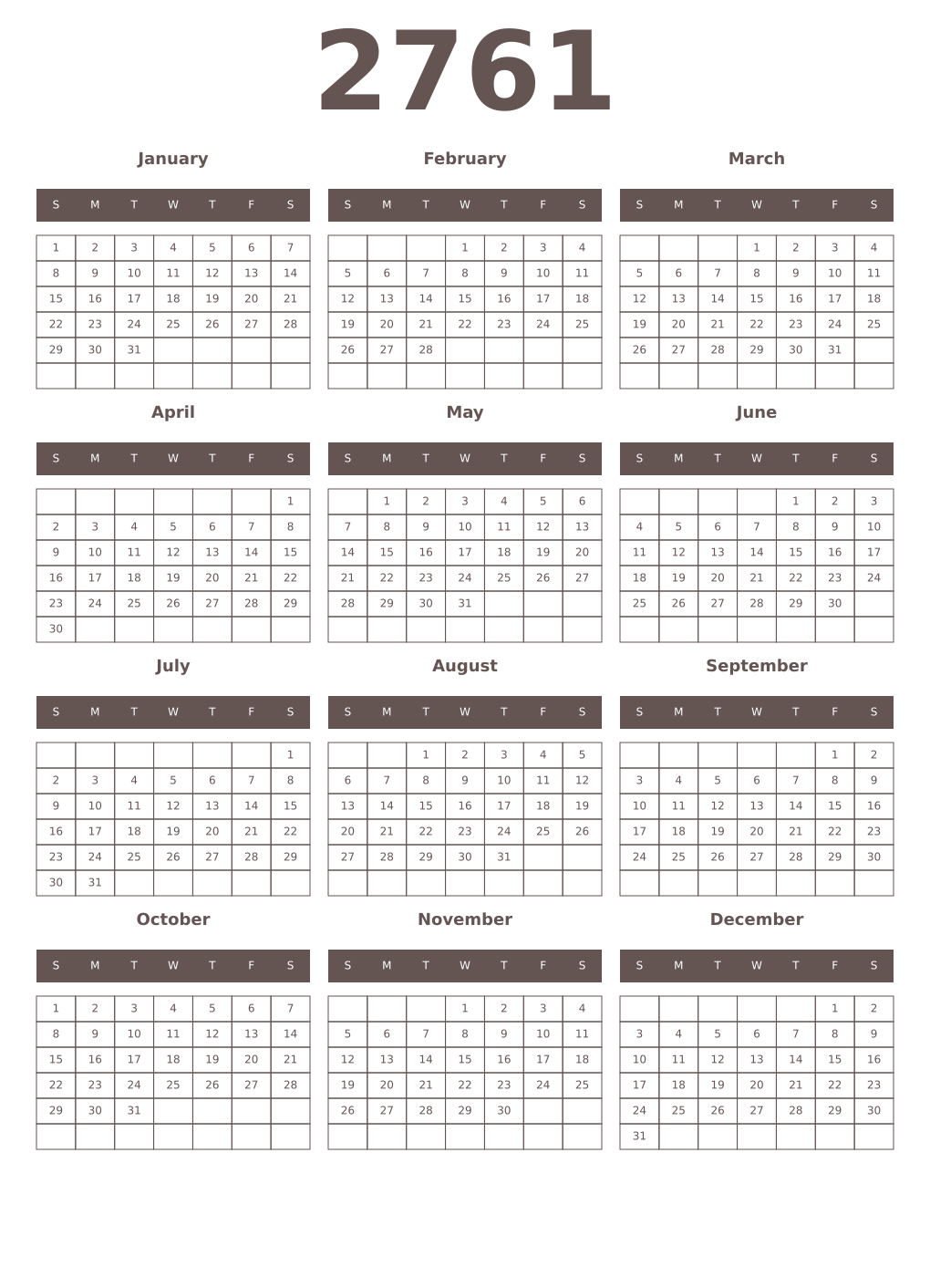 Printable 2761 Year Calendars wenge
