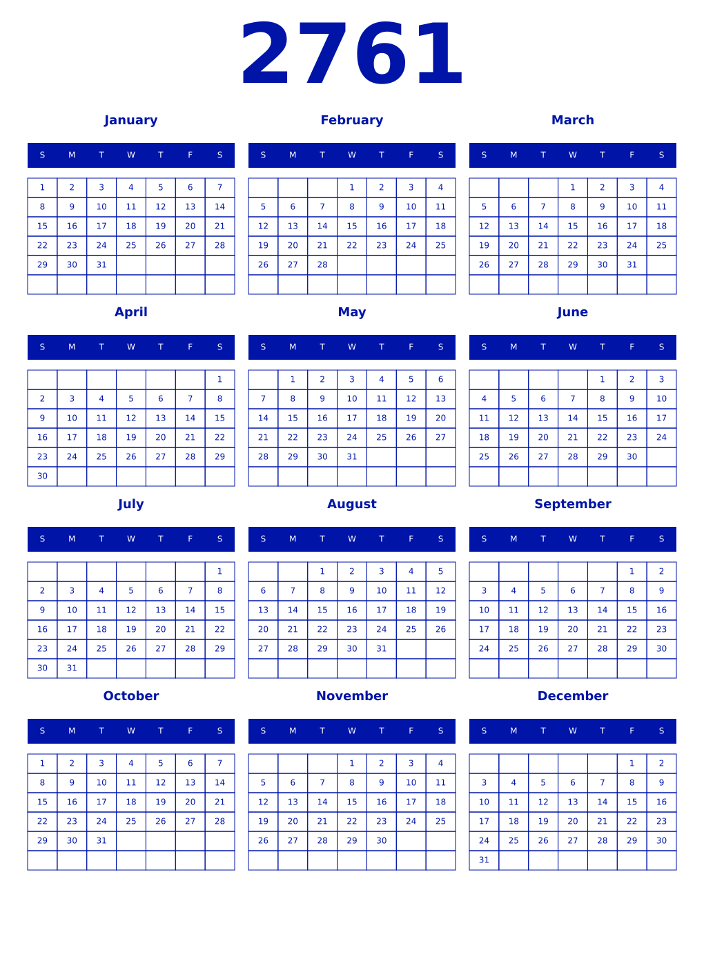Printable 2761 Year Calendars zaffre