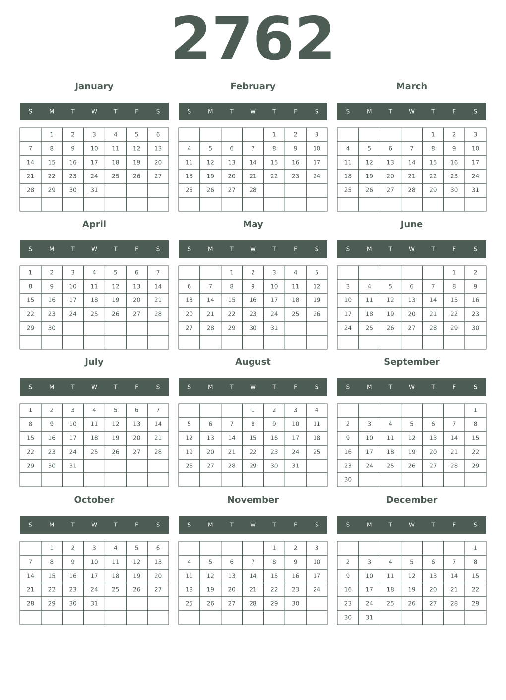 Printable 2762 Year Calendars feldgrau