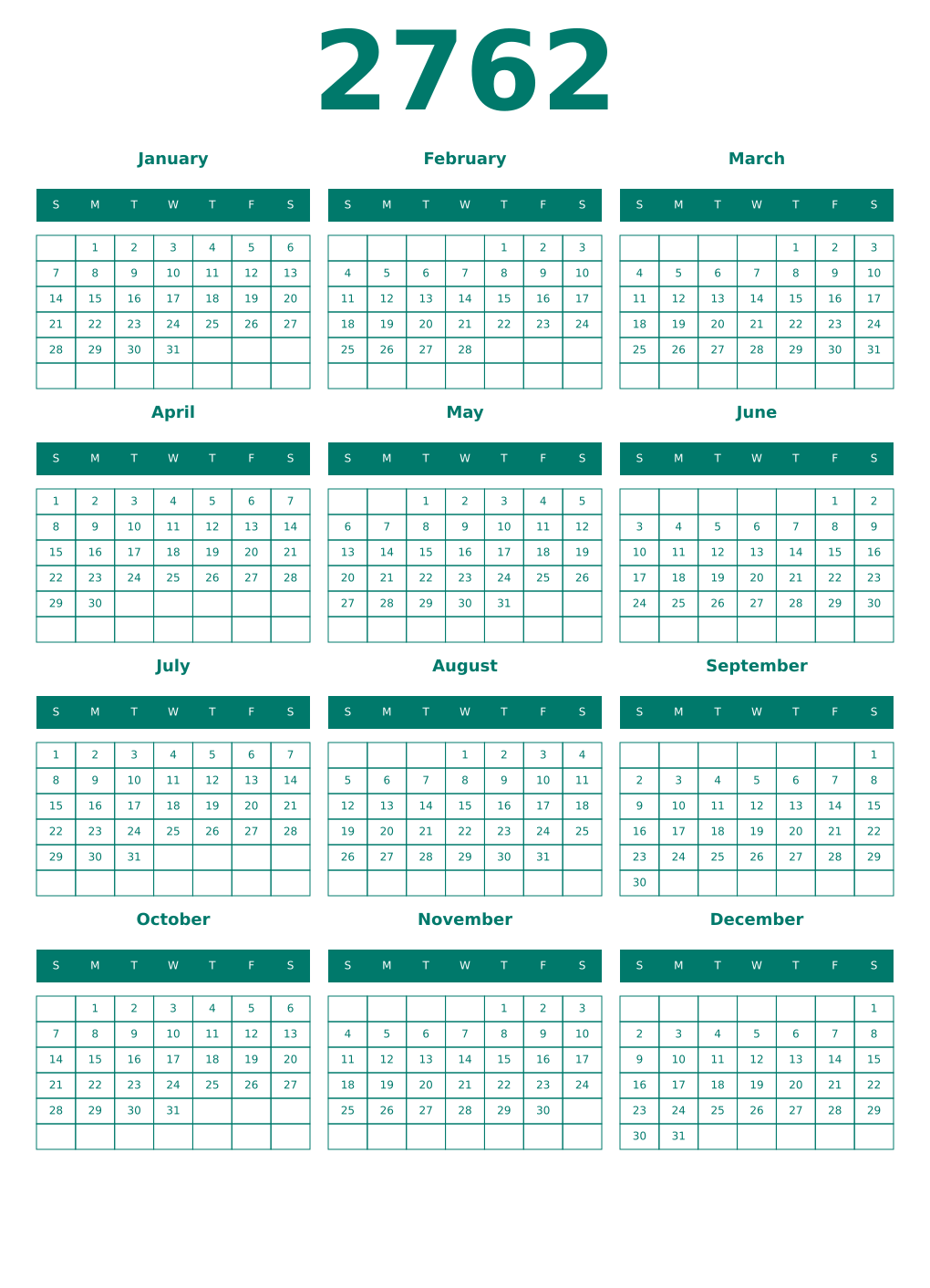 Printable 2762 Year Calendars pastel