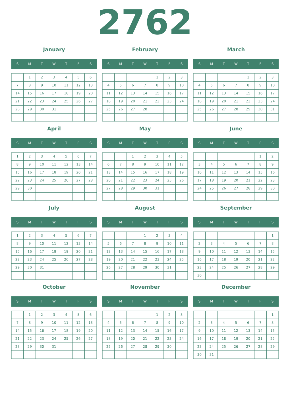 Printable 2762 Year Calendars viridian