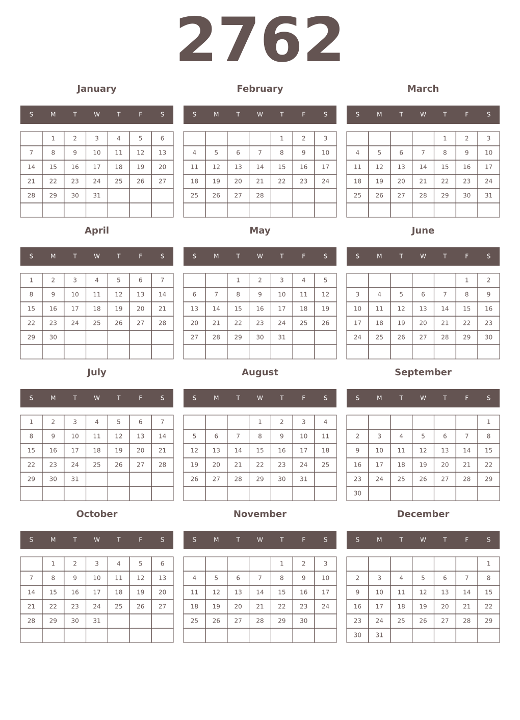 Printable 2762 Year Calendars wenge