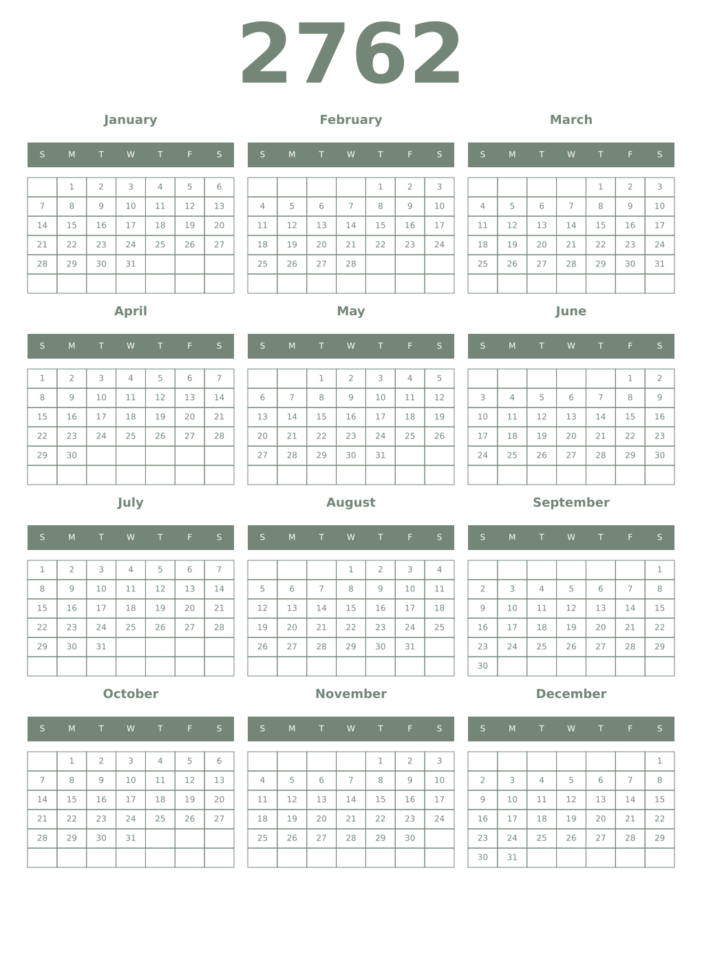 Printable 2762 Year Calendars xanadu