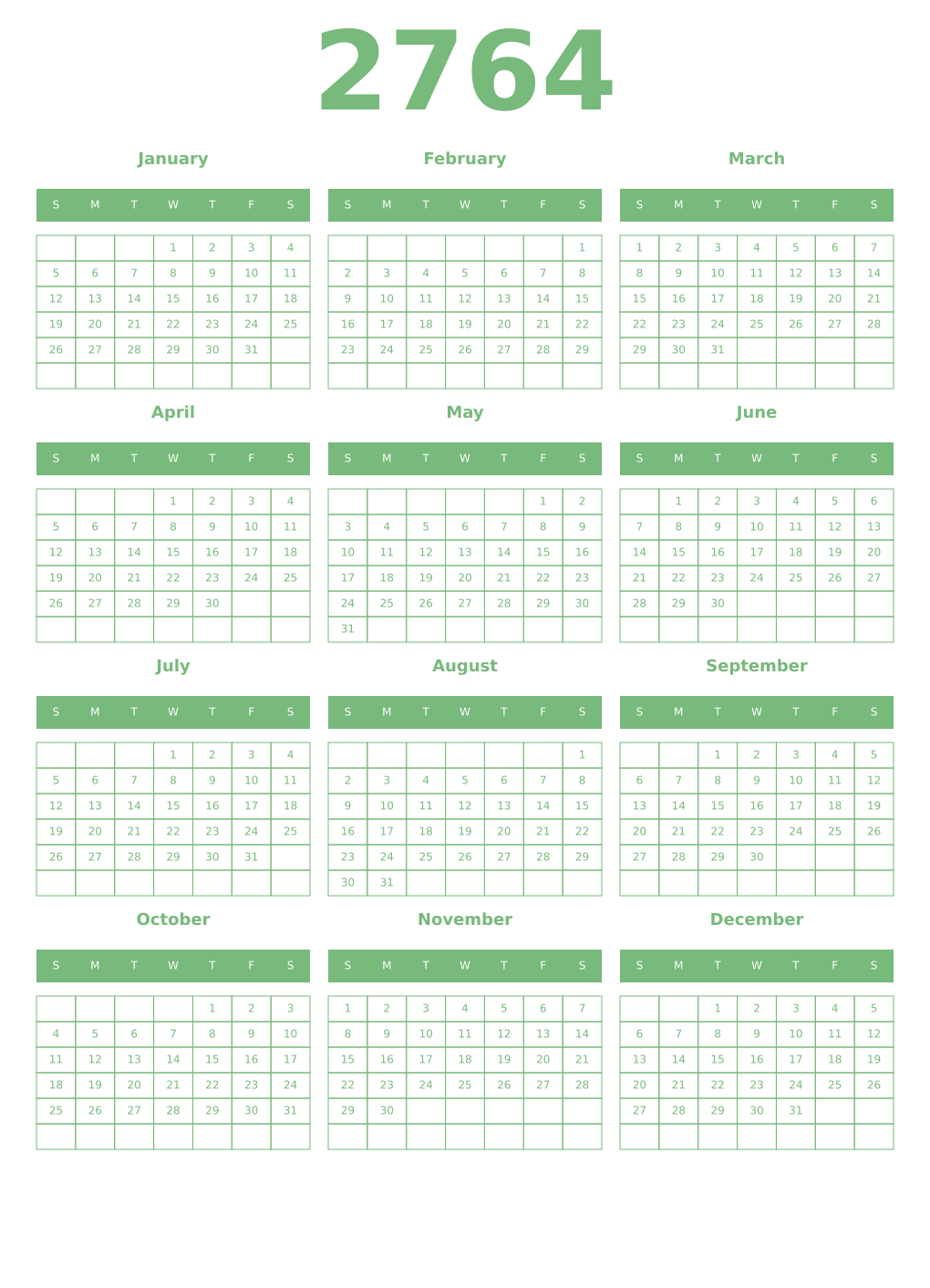 Printable 2764 Year Calendars celadon