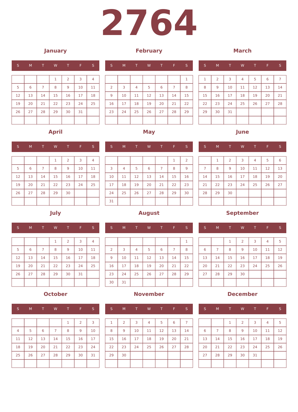 Printable 2764 Year Calendars cordovan