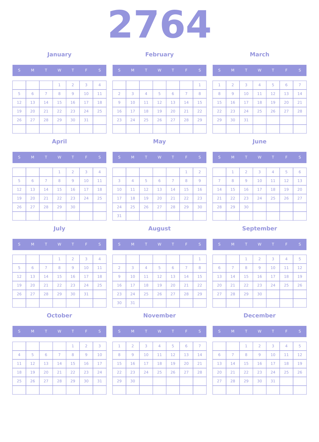Printable 2764 Year Calendars periwinkle