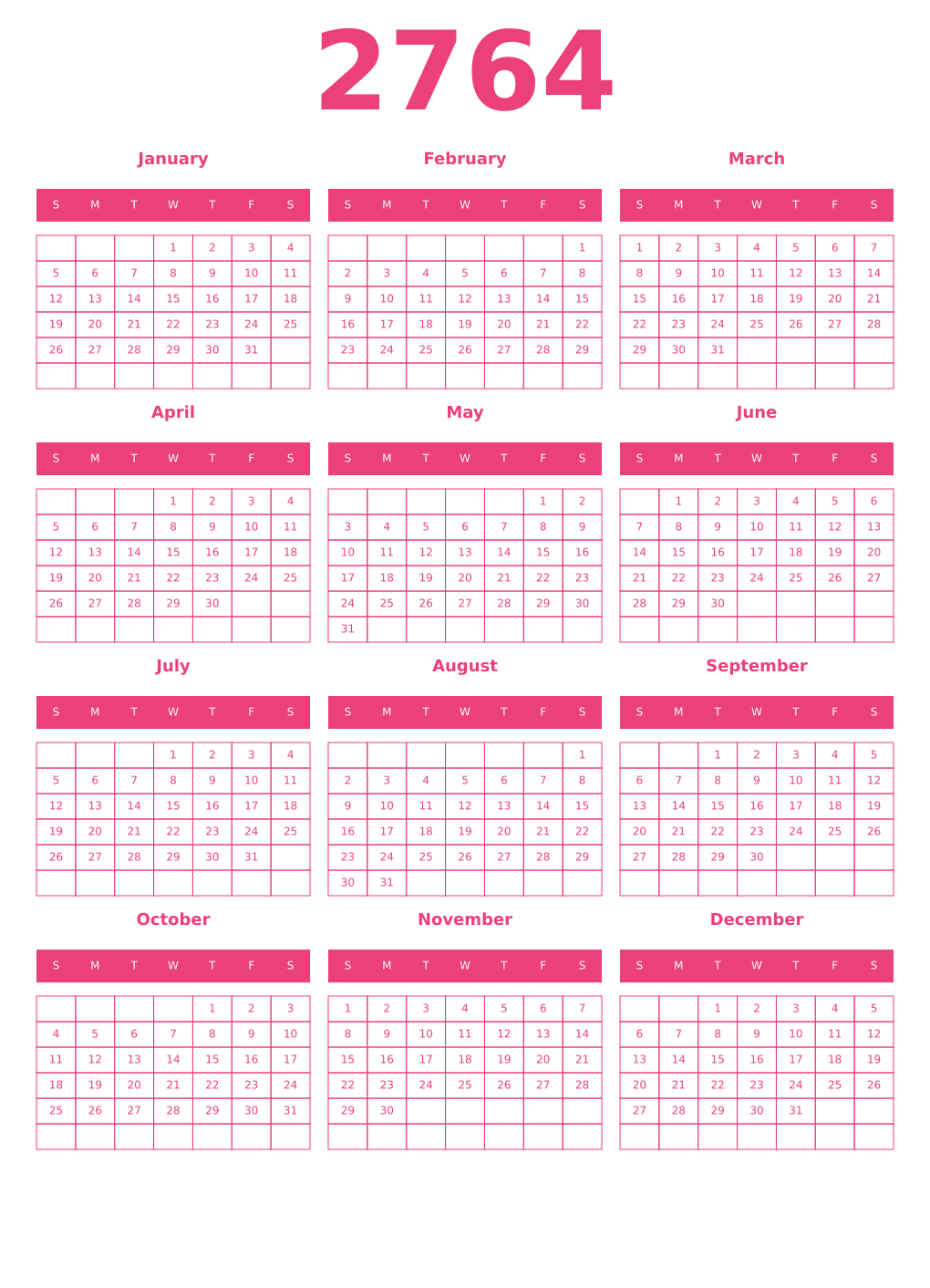 Printable 2764 Year Calendars pink