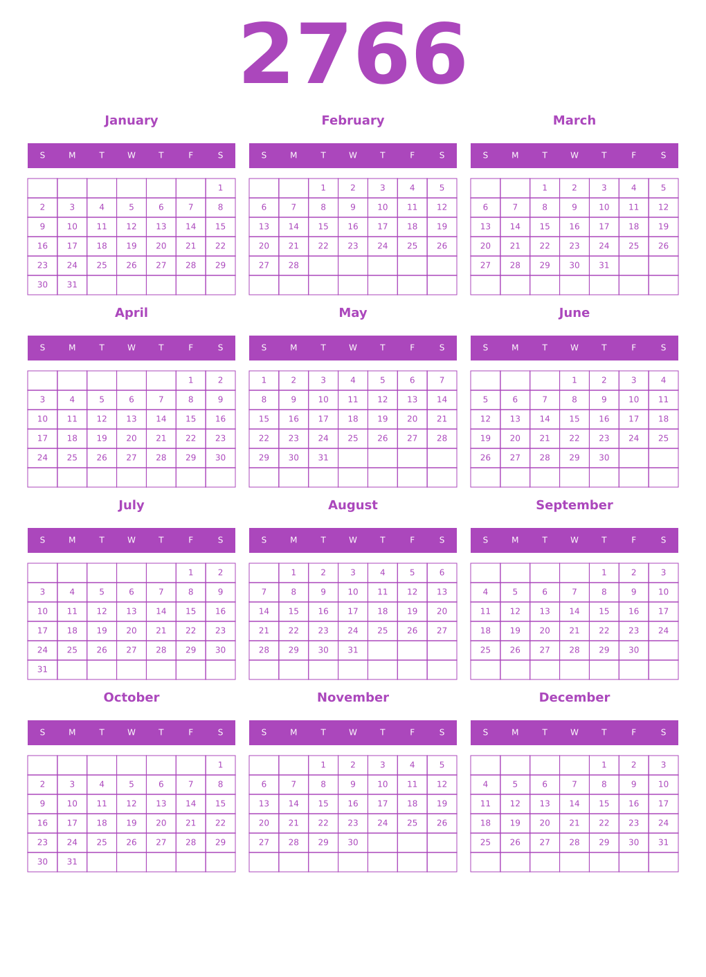 Printable 2766 Year Calendars purple