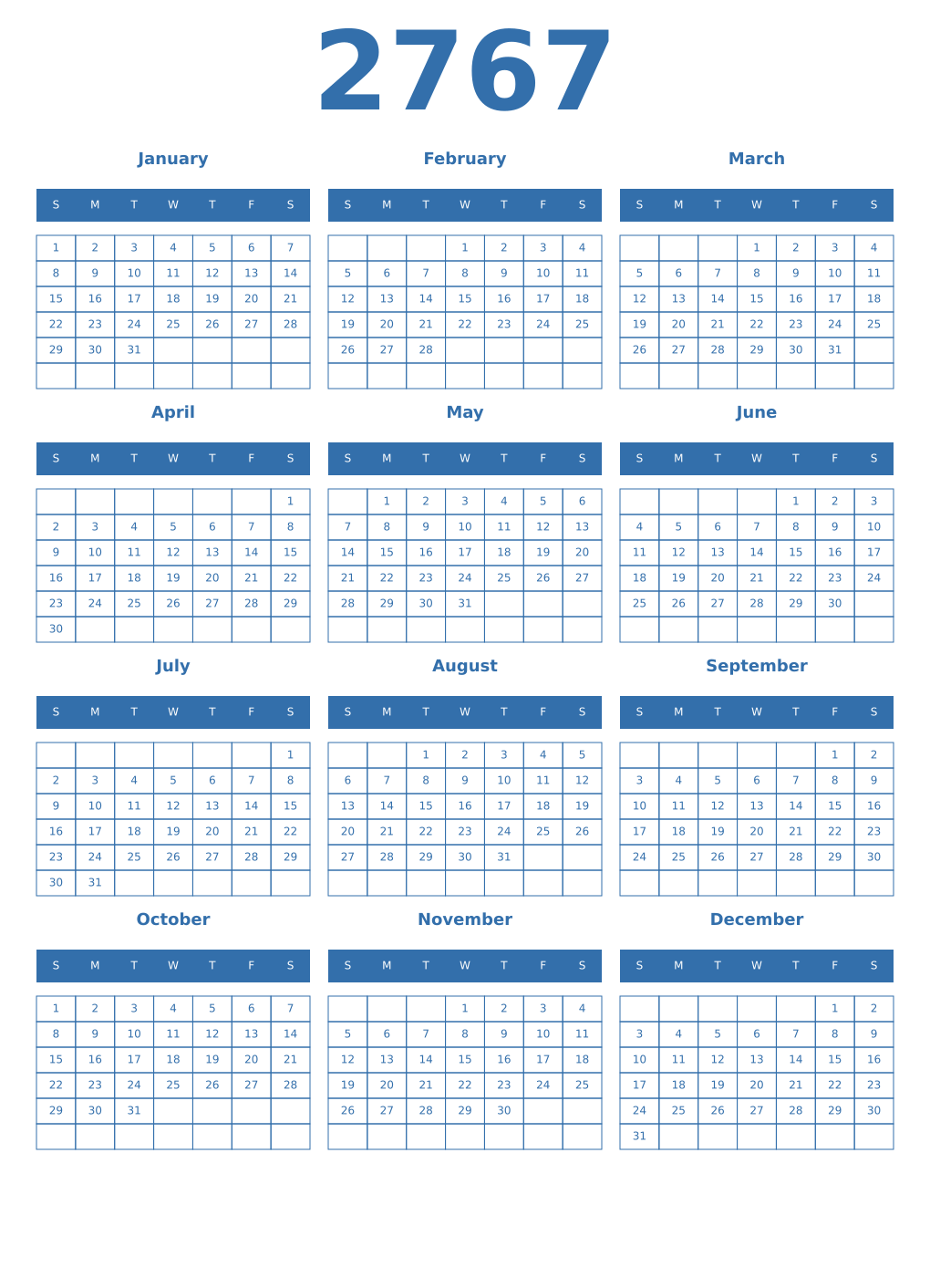 Printable 2767 Year Calendars blue