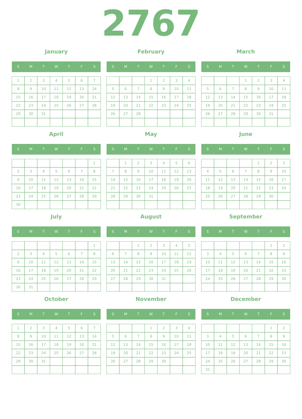 Printable 2767 Year Calendars celadon