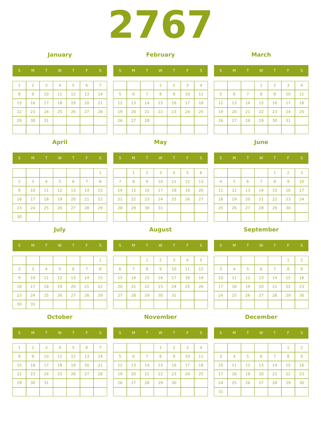 Printable 2767 Year Calendars chartreuse