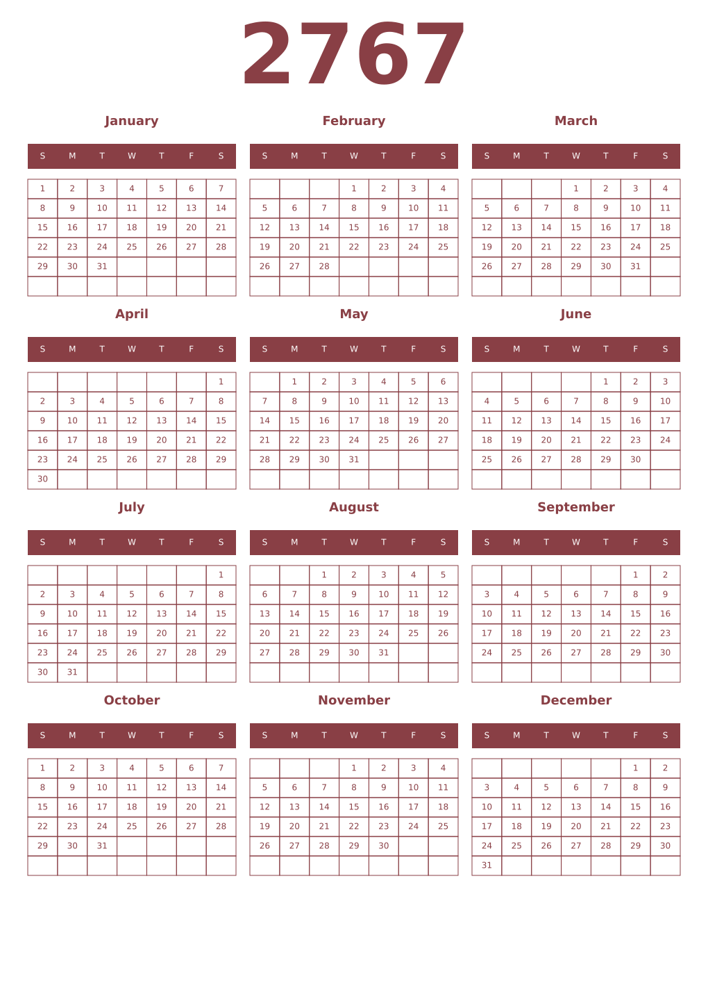 Printable 2767 Year Calendars cordovan