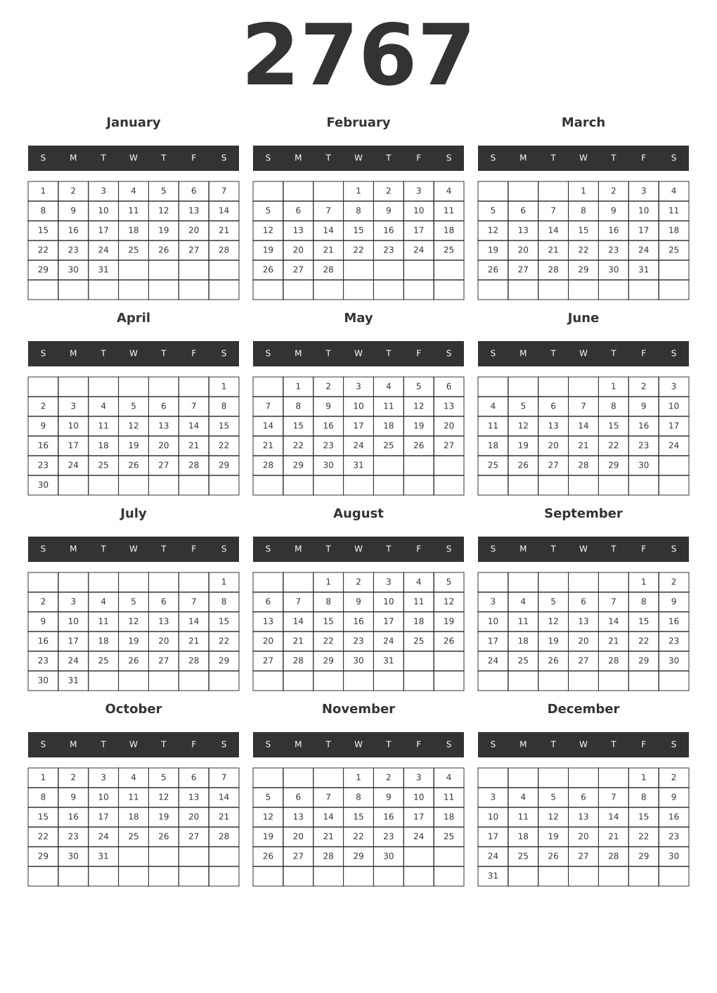 Printable 2767 Year Calendars dark