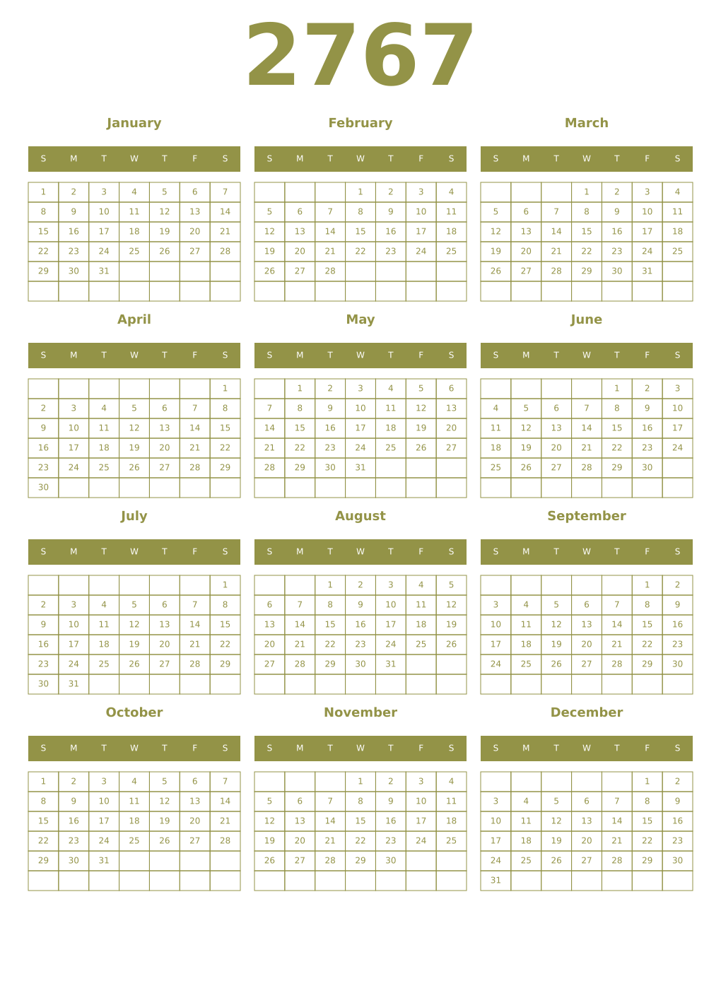Printable 2767 Year Calendars eburnean