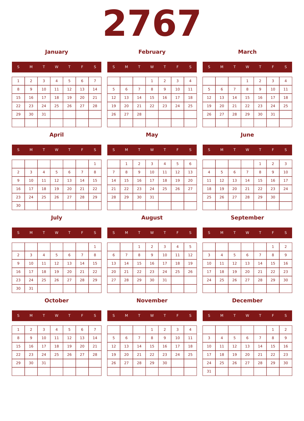 Printable 2767 Year Calendars falu